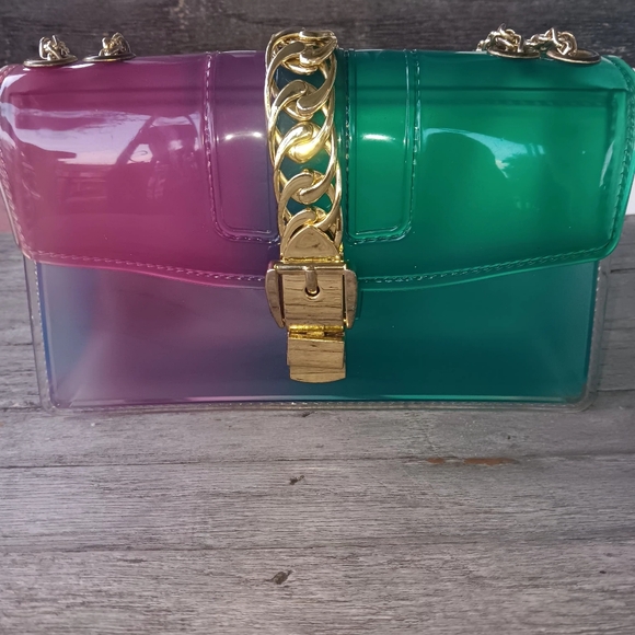 Transparent Jelly Crossbody With Gold Tone Hardware & Chain~Pink & Green Ombre - Picture 2 of 6
